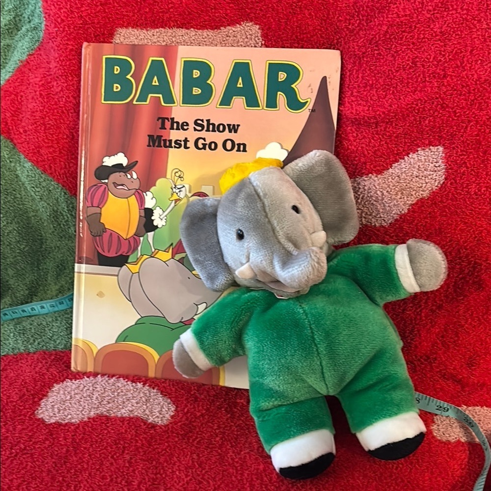 Vintage Babar Plush Puppet Toy with book The show must go on 1990
